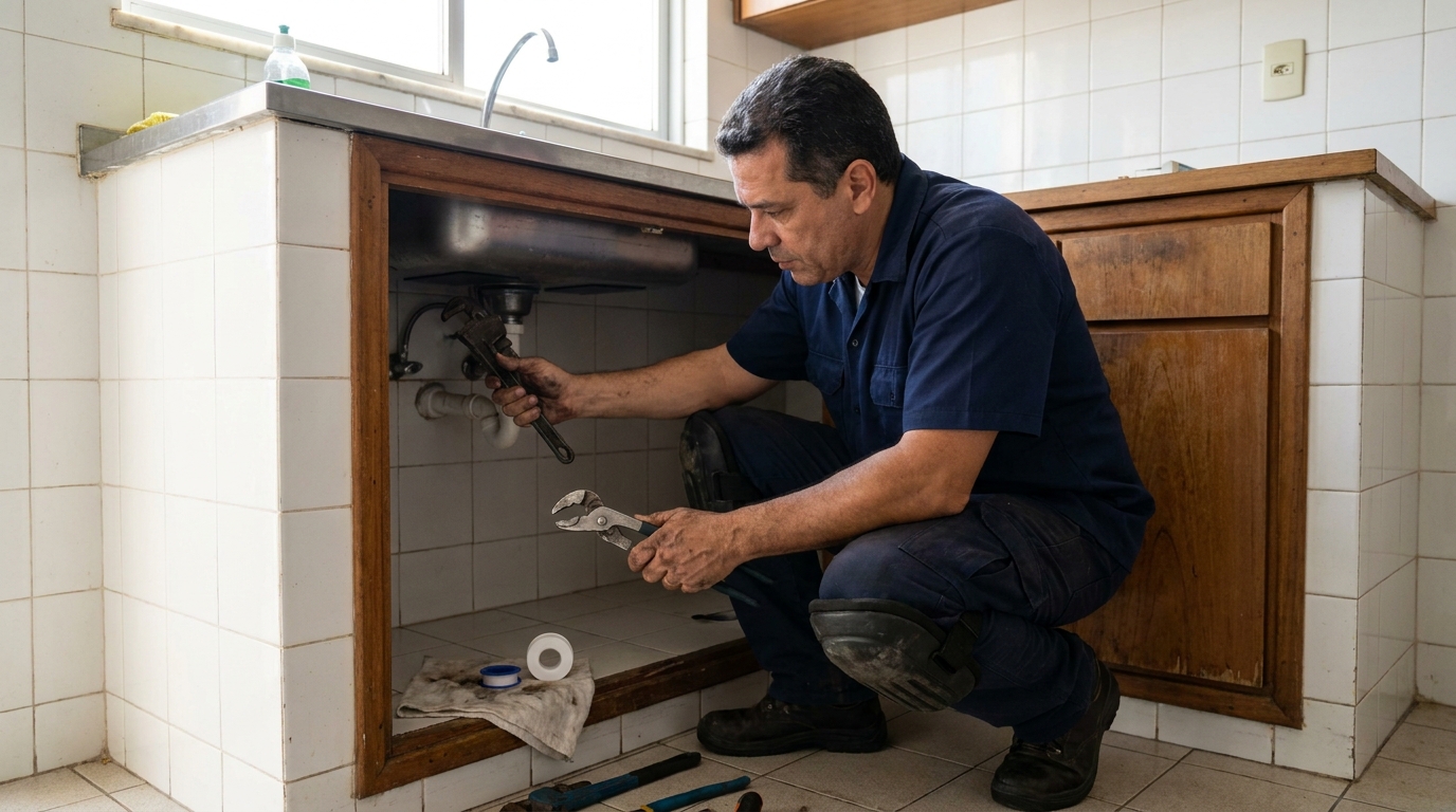 Encanador realizando manutenção em Maringá‑PR